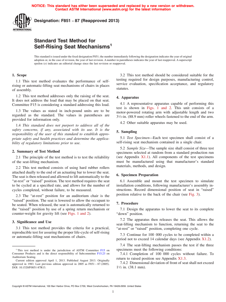 ASTM F851-87(2013) - Standard Test Method for  Self-Rising Seat Mechanisms