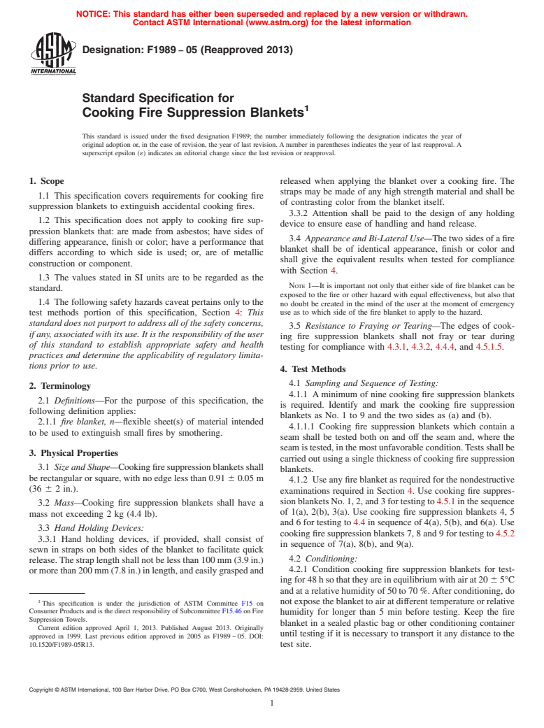 ASTM F1989-05(2013) - Standard Specification for  Cooking Fire Suppression Blankets