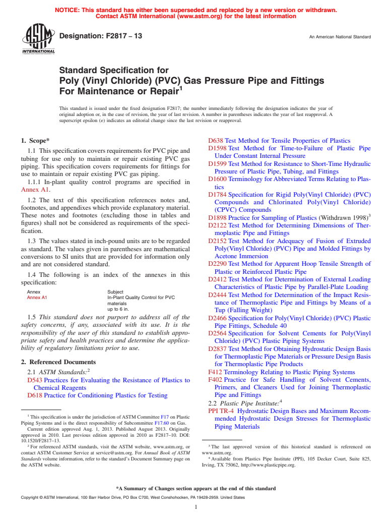 ASTM F2817-13 - Standard Specification for  Poly (Vinyl Chloride) (PVC) Gas Pressure Pipe and Fittings   For Maintenance or Repair