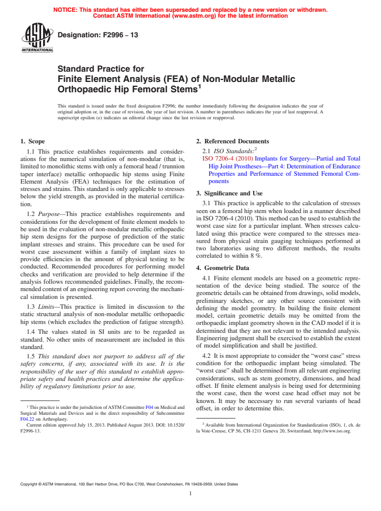 ASTM F2996-13 - Standard Practice for Finite Element Analysis (FEA) of Non-Modular Metallic Orthopaedic  Hip Femoral Stems