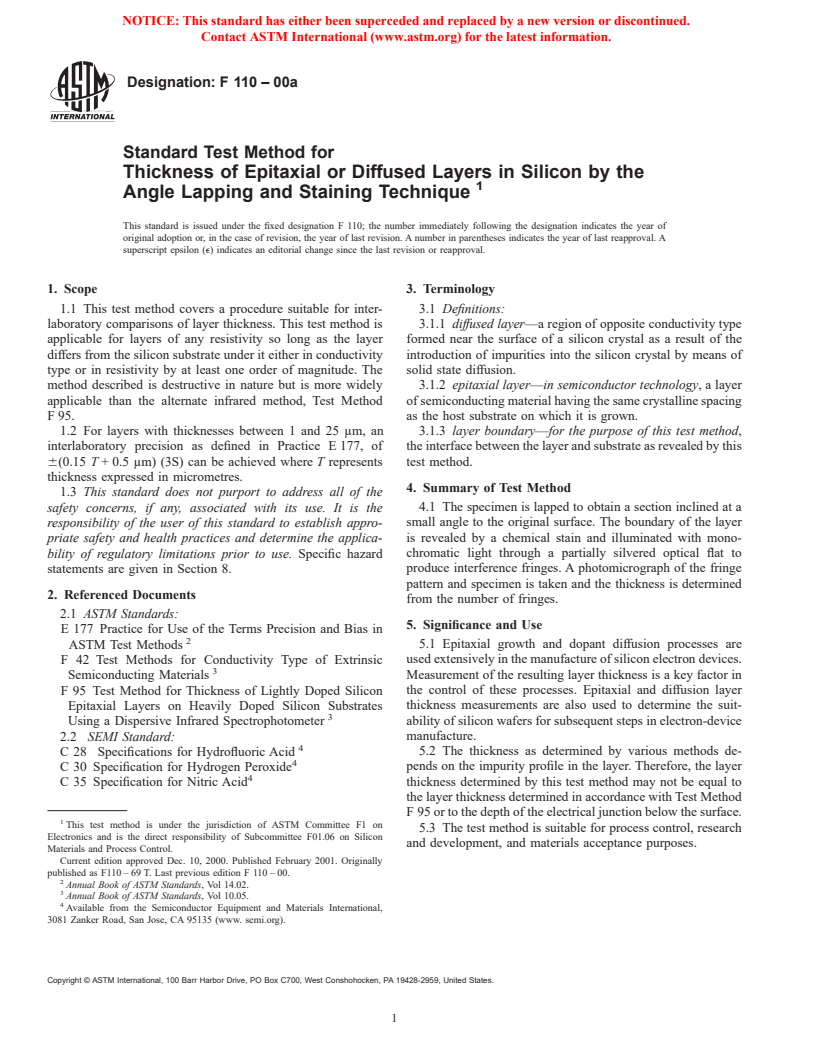 ASTM F110-00a - Standard Test Method for Thickness of Epitaxial or Diffused Layers in Silicon by the Angle Lapping and Staining Technique (Withdrawn 2003)