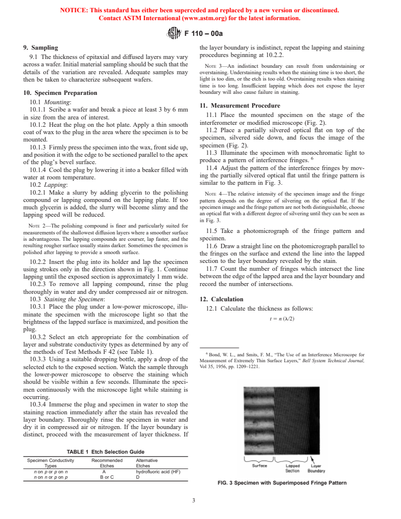 ASTM F110-00a - Standard Test Method for Thickness of Epitaxial or Diffused Layers in Silicon by the Angle Lapping and Staining Technique (Withdrawn 2003)