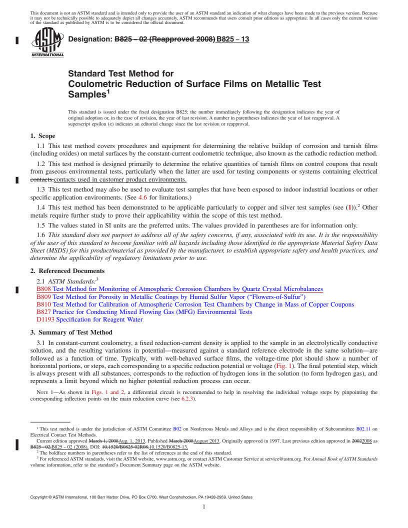 REDLINE ASTM B825-13 - Standard Test Method for Coulometric Reduction of Surface Films on Metallic Test Samples (Withdrawn 2018)