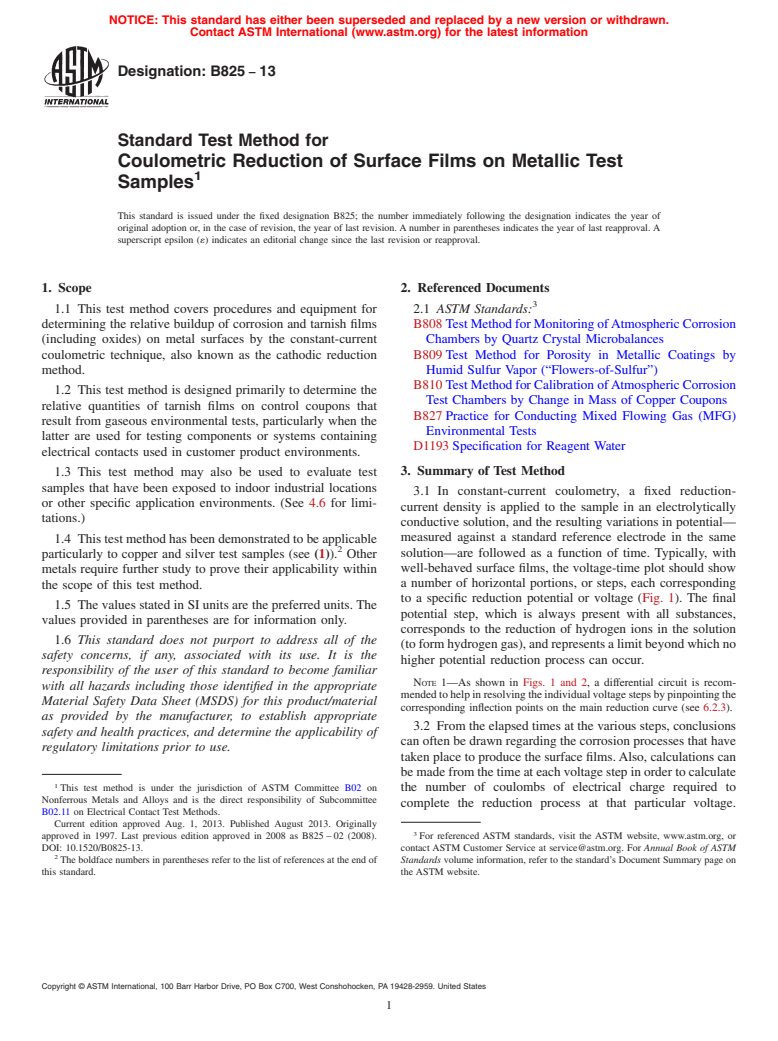 ASTM B825-13 - Standard Test Method for Coulometric Reduction of Surface Films on Metallic Test Samples (Withdrawn 2018)