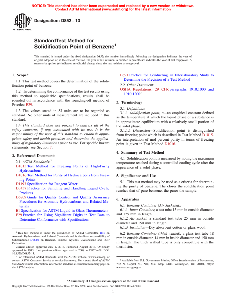 ASTM D852-13 - Standard Test Method for Solidification Point of Benzene