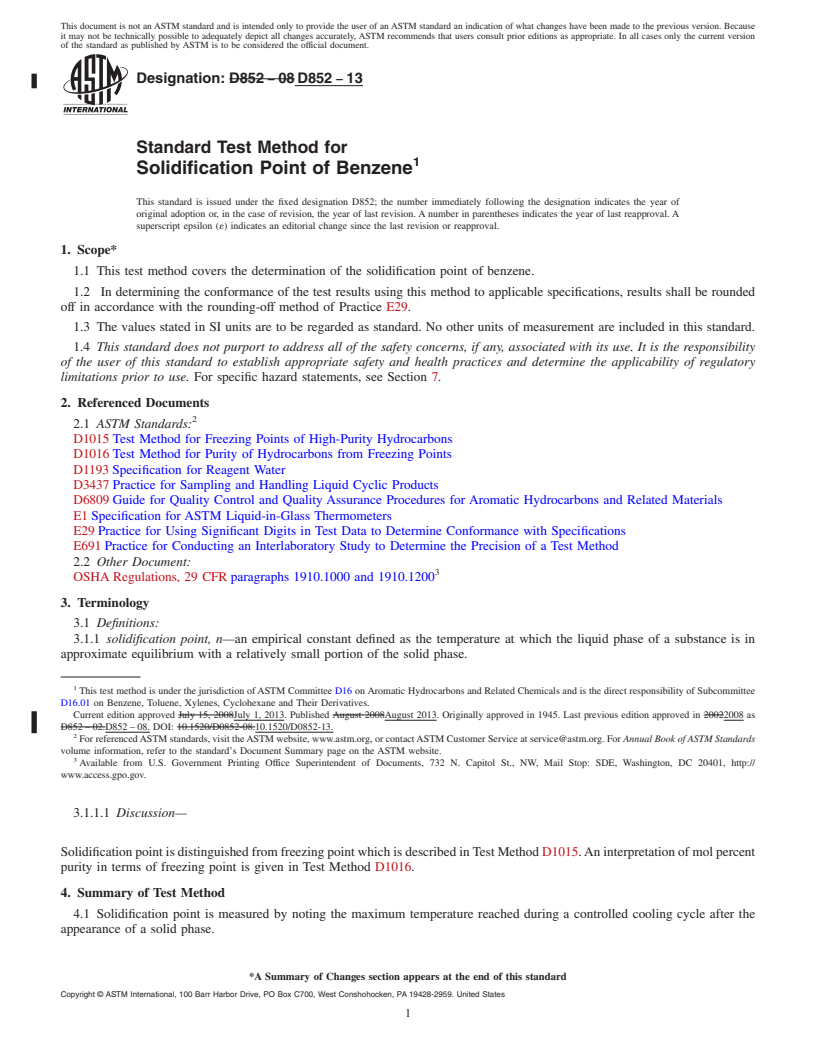 REDLINE ASTM D852-13 - Standard Test Method for Solidification Point of Benzene