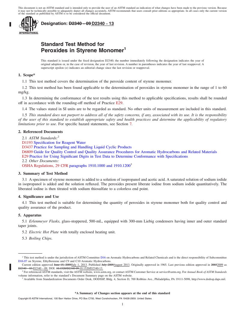 REDLINE ASTM D2340-13 - Standard Test Method for Peroxides in Styrene Monomer