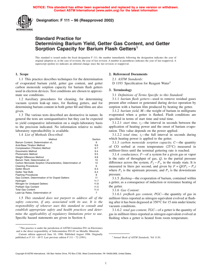 ASTM F111-96(2002) - Standard Practice for Determining Barium Yield, Getter Gas Content, and Getter Sorption Capacity for Barium Flash Getters (Withdrawn 2008)