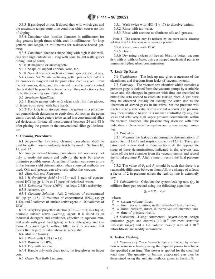 ASTM F111-96(2002) - Standard Practice for Determining Barium Yield, Getter Gas Content, and Getter Sorption Capacity for Barium Flash Getters (Withdrawn 2008)