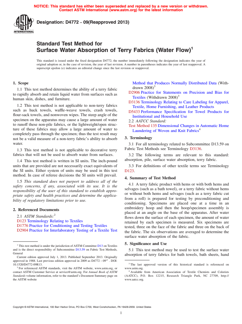 ASTM D4772-09(2013) - Standard Test Method for  Surface Water Absorption of Terry Fabrics (Water Flow)