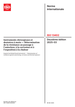 ISO 13402:2025 ISO 13402:2025 - Instruments chirurgicaux et dentaires à main — Détermination de la résistance au passage à l'autoclave, à la corrosion et à l'exposition à la chaleur
Released:7. 03. 2025 - Page 1 preview