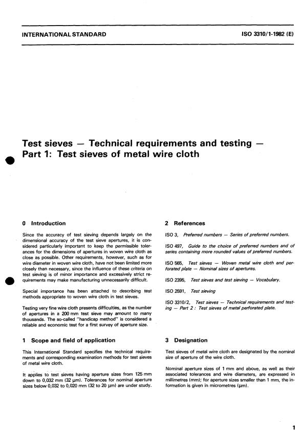 ISO 3310-1:1982 - Test sieves -- Technical requirements and testing