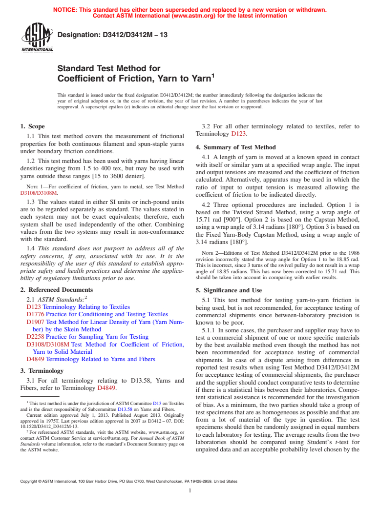 ASTM D3412/D3412M-13 - Standard Test Method for Coefficient of Friction, Yarn to Yarn