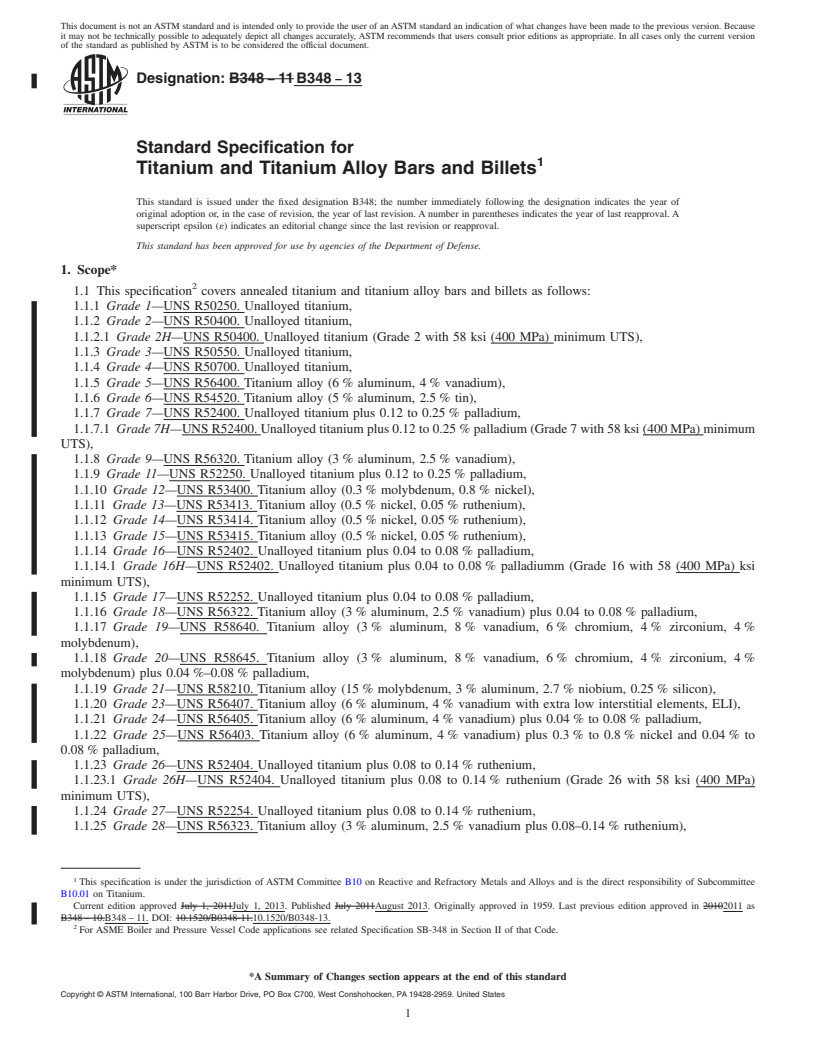 REDLINE ASTM B348-13 - Standard Specification for Titanium and Titanium Alloy Bars and Billets