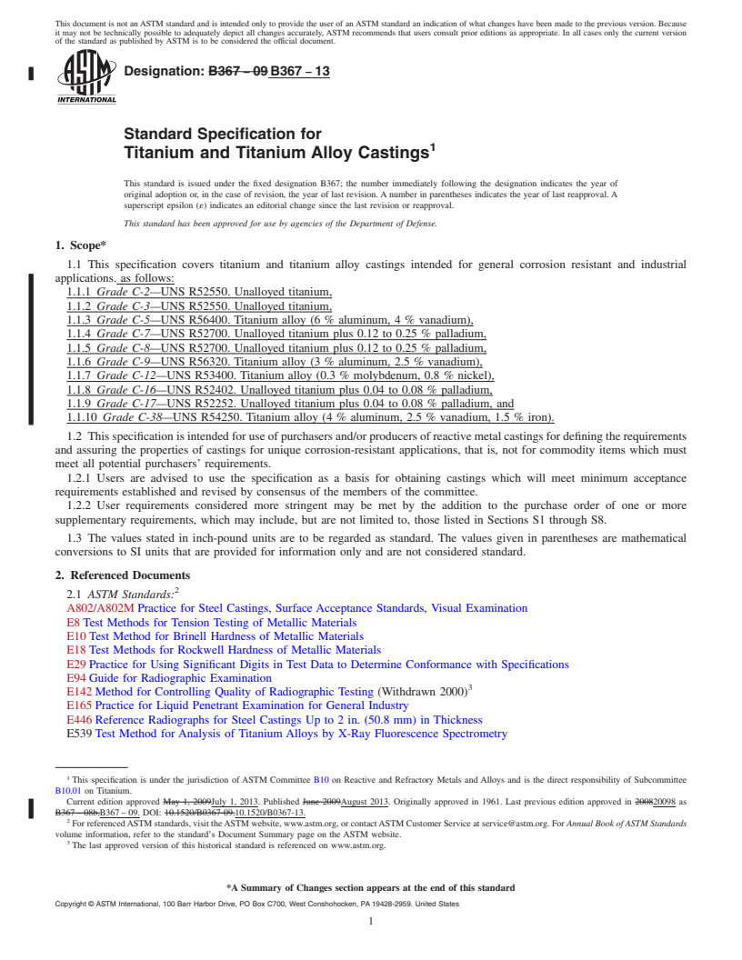 REDLINE ASTM B367-13 - Standard Specification for Titanium and Titanium Alloy Castings