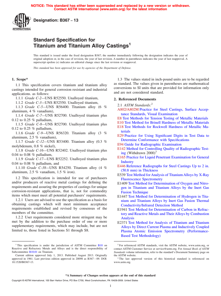 ASTM B367-13 - Standard Specification for Titanium and Titanium Alloy Castings