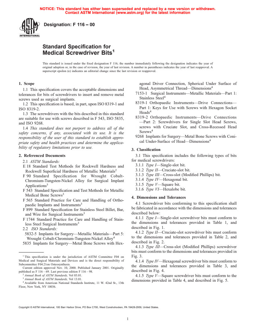 ASTM F116-00 - Standard Specification for Medical Screwdriver Bits