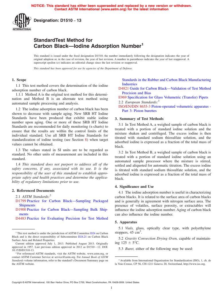 ASTM D1510-13 - Standard Test Method for  Carbon Black&mdash;Iodine Adsorption Number