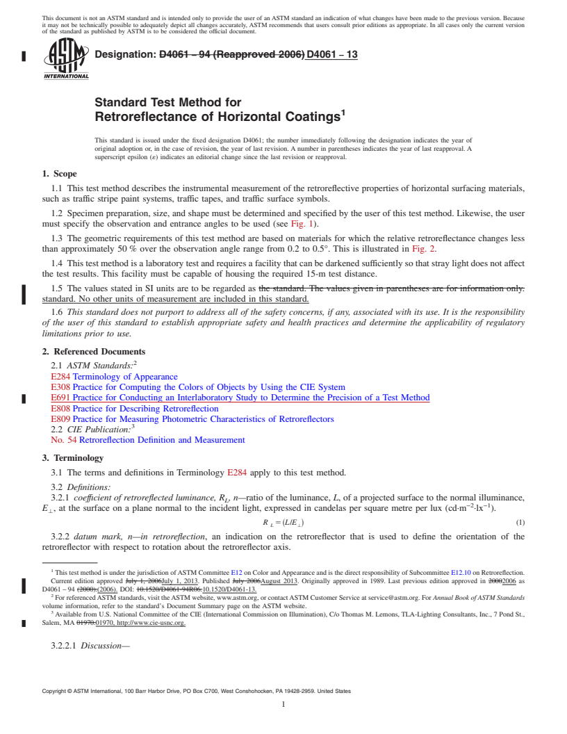 REDLINE ASTM D4061-13 - Standard Test Method for Retroreflectance of Horizontal Coatings