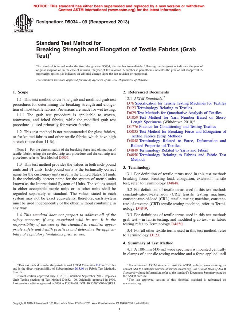 ASTM D5034-09(2013) - Standard Test Method for  Breaking Strength and Elongation of Textile Fabrics (Grab Test)