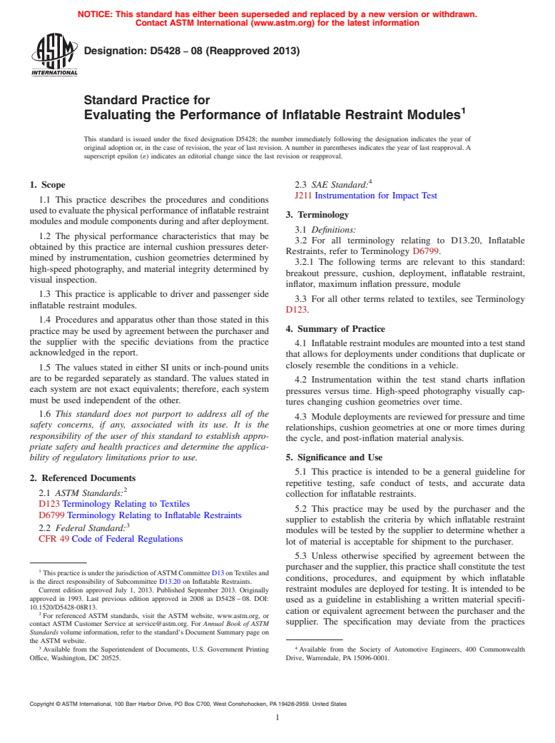 ASTM D5428-08(2013) - Standard Practice for  Evaluating the Performance of Inflatable Restraint Modules