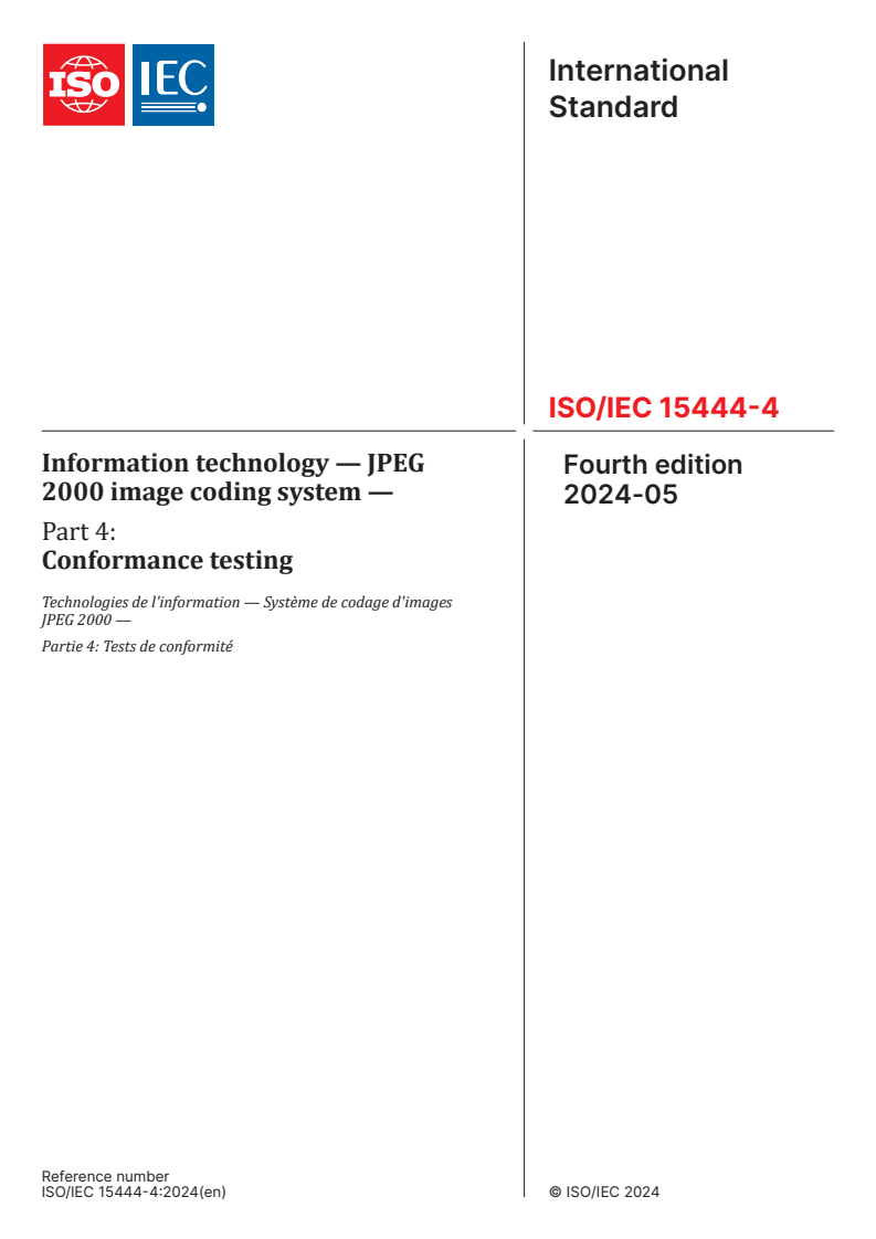ISO/IEC 15444-4:2024 - Information technology — JPEG 2000 image coding system — Part 4: Conformance testing
Released:13. 05. 2024