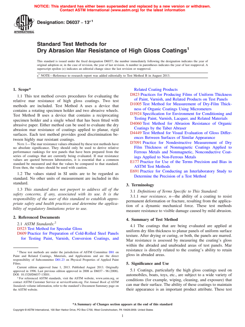 ASTM D6037-13e1 - Standard Test Methods for Dry Abrasion Mar Resistance of High Gloss Coatings