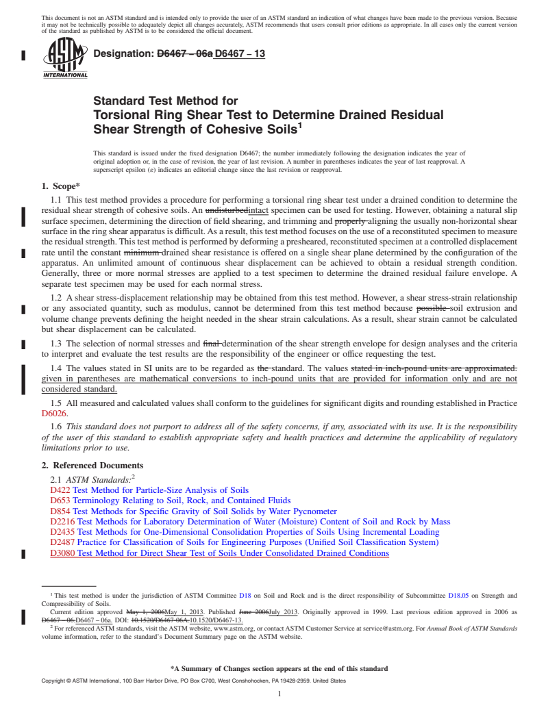 REDLINE ASTM D6467-13 - Standard Test Method for  Torsional Ring Shear Test to Determine Drained Residual Shear  Strength of Cohesive Soils