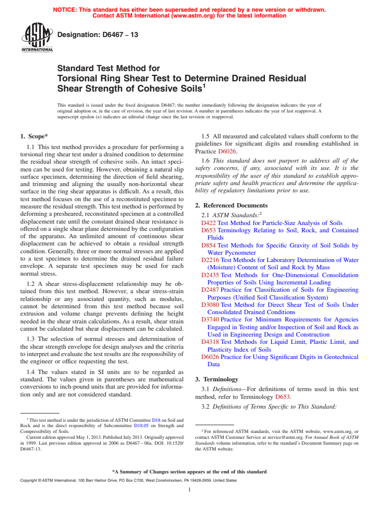 ASTM D6467-13 - Standard Test Method for  Torsional Ring Shear Test to Determine Drained Residual Shear  Strength of Cohesive Soils