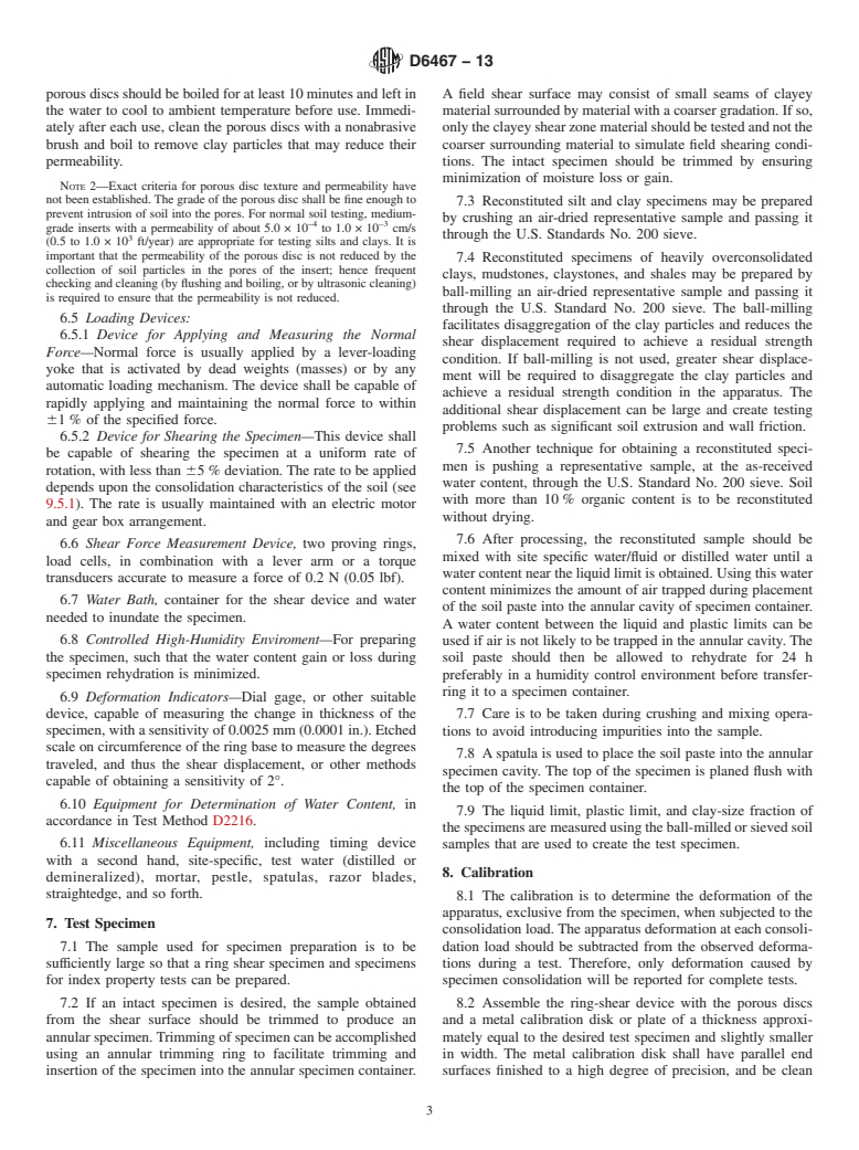 ASTM D6467-13 - Standard Test Method for  Torsional Ring Shear Test to Determine Drained Residual Shear  Strength of Cohesive Soils