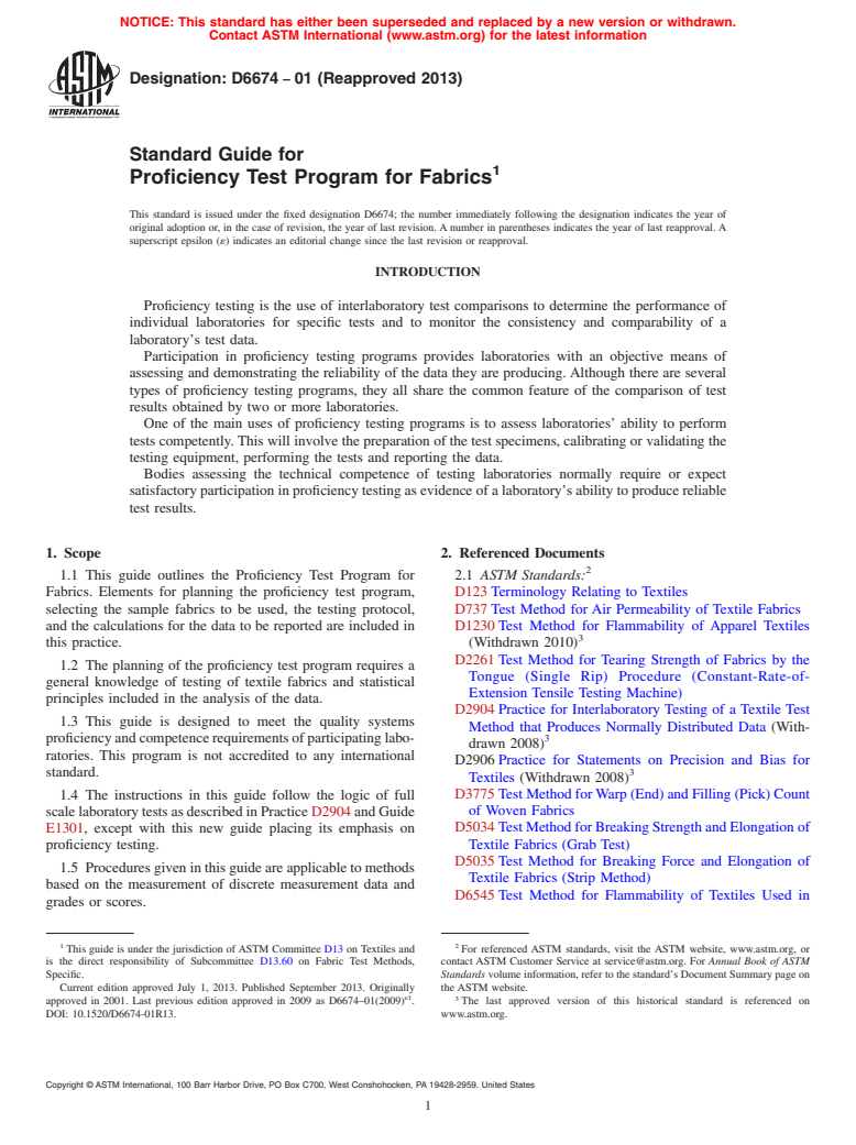 ASTM D6674-01(2013) - Standard Guide for  Proficiency Test Program for Fabrics