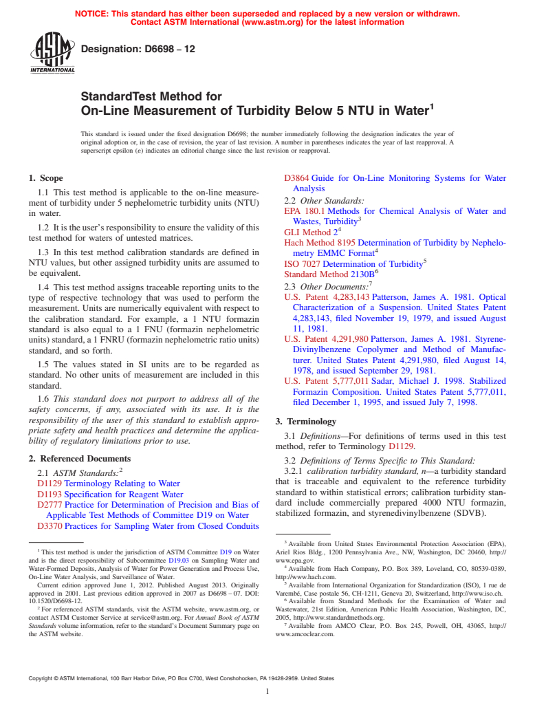 ASTM D6698-12 - Standard Test Method for  On-Line Measurement of Turbidity Below 5 NTU in Water