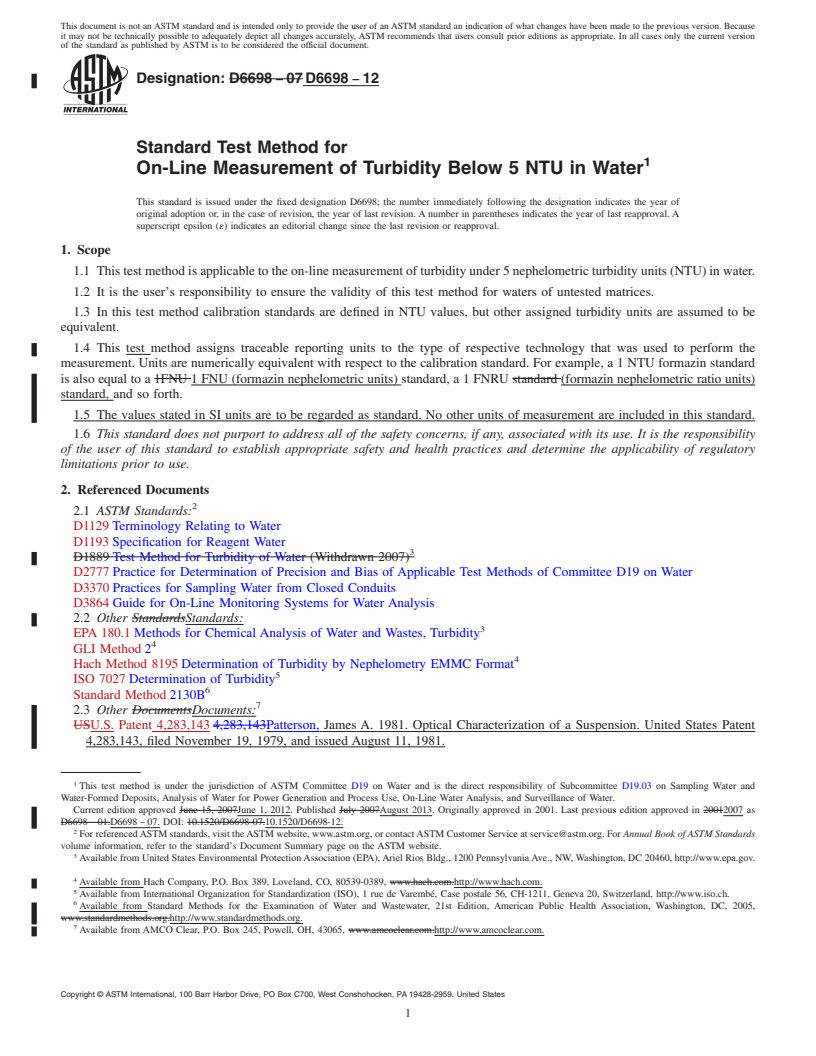 REDLINE ASTM D6698-12 - Standard Test Method for  On-Line Measurement of Turbidity Below 5 NTU in Water