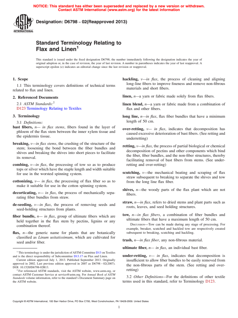ASTM D6798-02(2013) - Standard Terminology Relating to  Flax and Linen