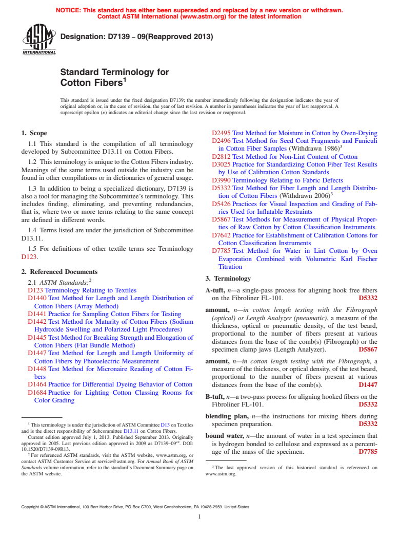 ASTM D7139-09(2013) - Standard Terminology for  Cotton Fibers