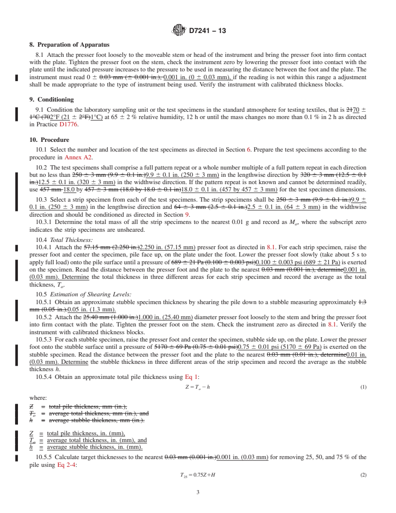 REDLINE ASTM D7241-13 - Standard Test Method for  Pile Thickness of Finished Multilevel Pile Yarn Floor Covering (Withdrawn 2022)