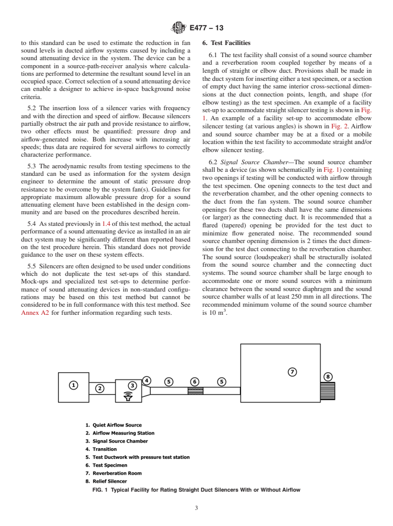 ASTM E477-13 - Standard Test Method for  Laboratory Measurements of Acoustical and Airflow Performance  of Duct Liner Materials and Prefabricated Silencers