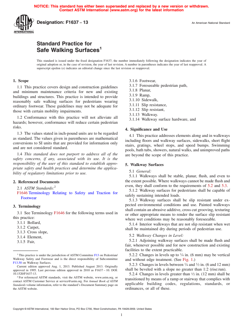 ASTM F1637-13 - Standard Practice for  Safe Walking Surfaces