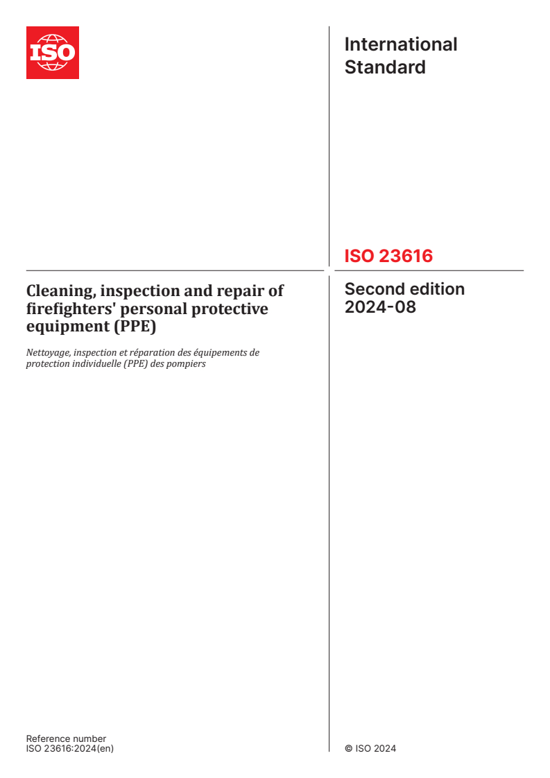 ISO 23616:2024 - Cleaning, inspection and repair of firefighters' personal protective equipment (PPE)
Released:15. 08. 2024