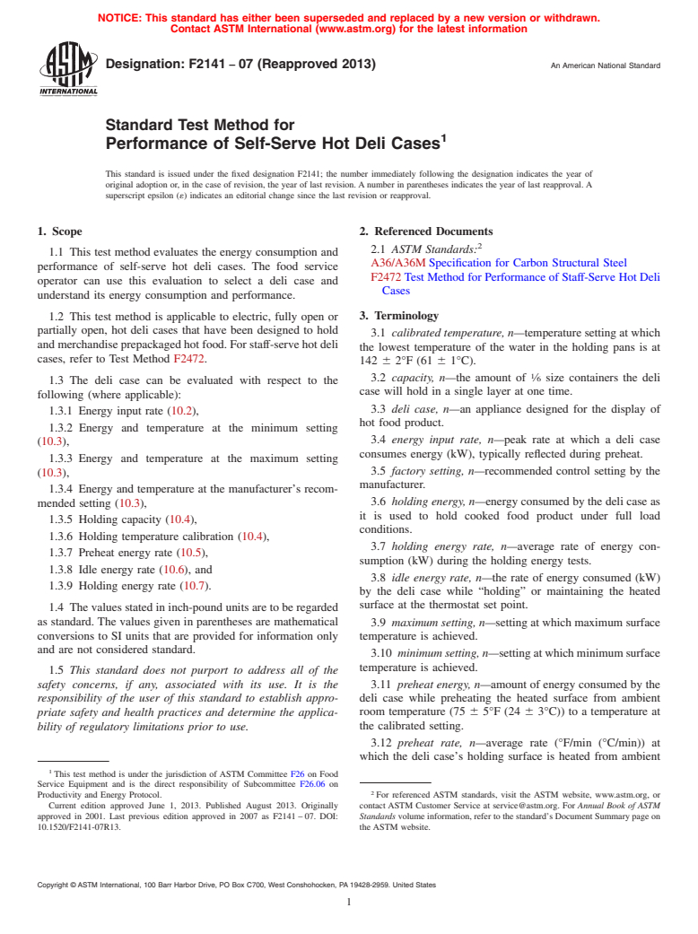 ASTM F2141-07(2013) - Standard Test Method for  Performance of Self-Serve Hot Deli Cases