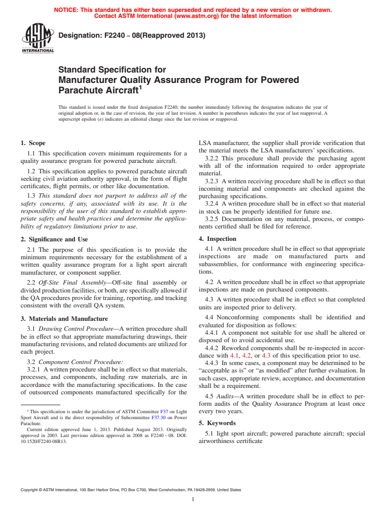 ASTM F2240-08(2013) - Standard Specification for  Manufacturer Quality Assurance Program for Powered Parachute  Aircraft (Withdrawn 2014)