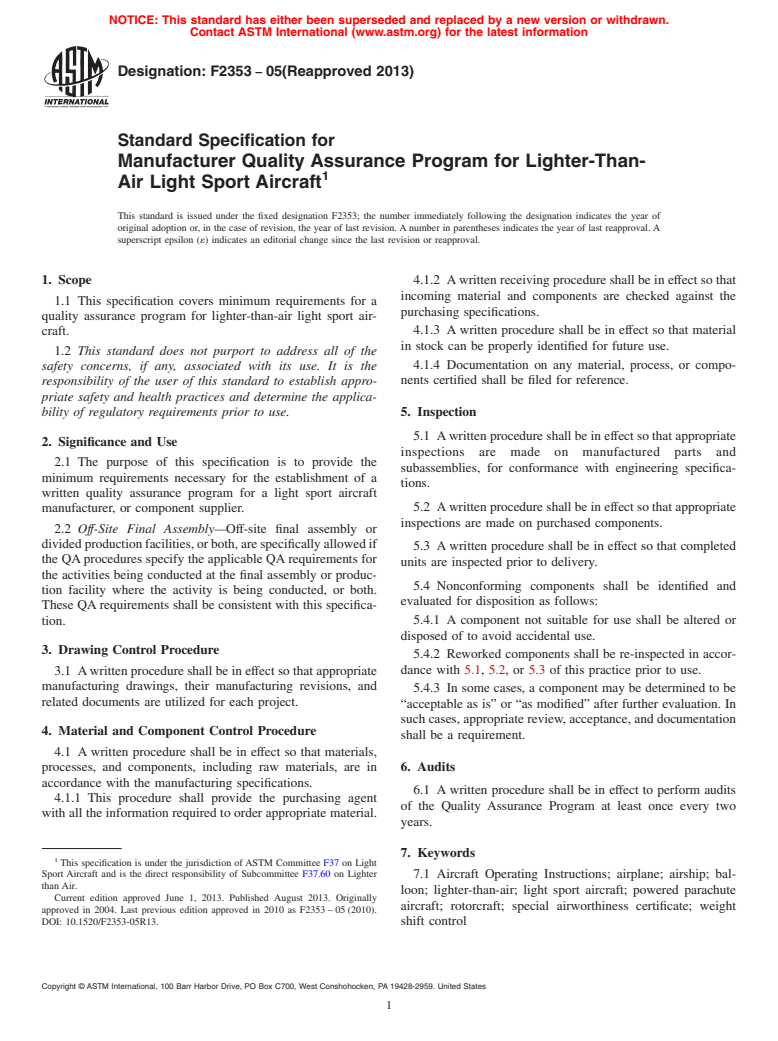 ASTM F2353-05(2013) - Standard Specification for  Manufacturer Quality Assurance Program for Lighter-Than-Air  Light Sport Aircraft (Withdrawn 2014)