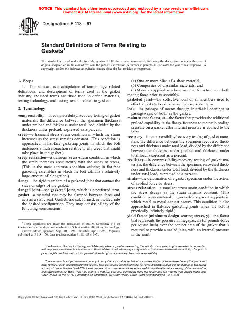 ASTM F118-97 - Definitions of Gaskets