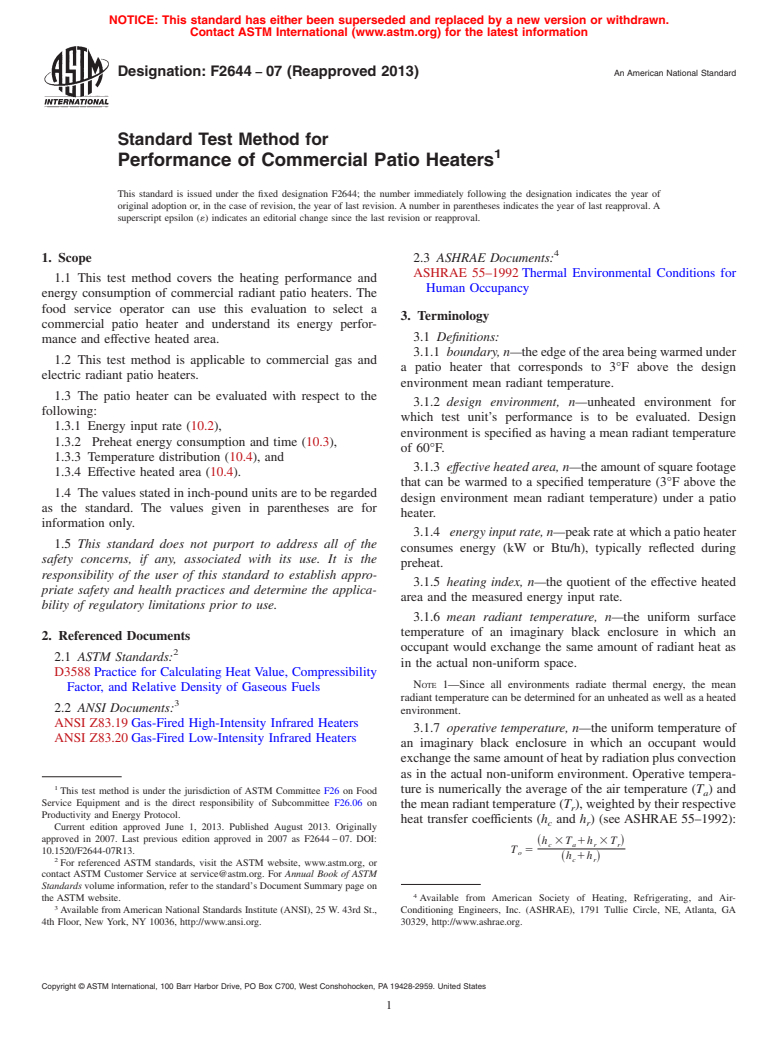 ASTM F2644-07(2013) - Standard Test Method for  Performance of Commercial Patio Heaters