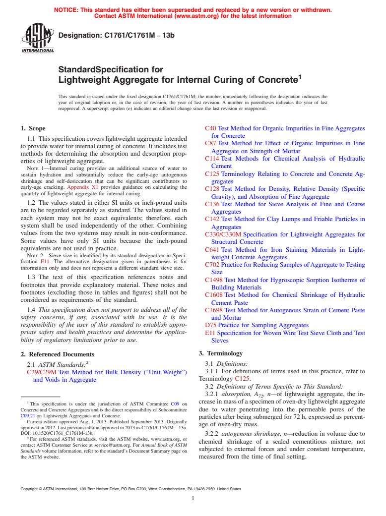 ASTM C1761/C1761M-13b - Standard Specification for  Lightweight Aggregate for Internal Curing of Concrete