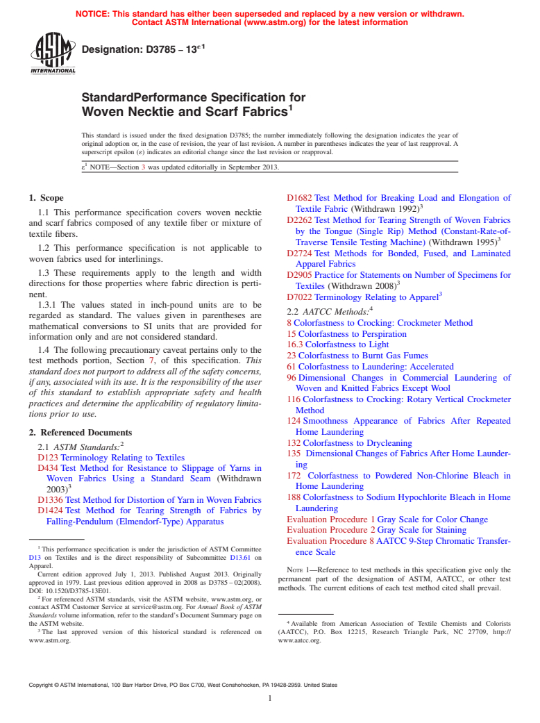 ASTM D3785-13e1 - Standard Performance Specification for  Woven Necktie and Scarf Fabrics