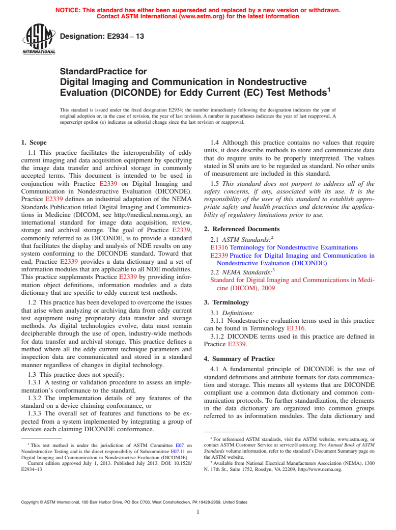 ASTM E2934-13 - Standard Practice for Digital Imaging and Communication in Nondestructive Evaluation  (DICONDE) for Eddy Current (EC) Test Methods