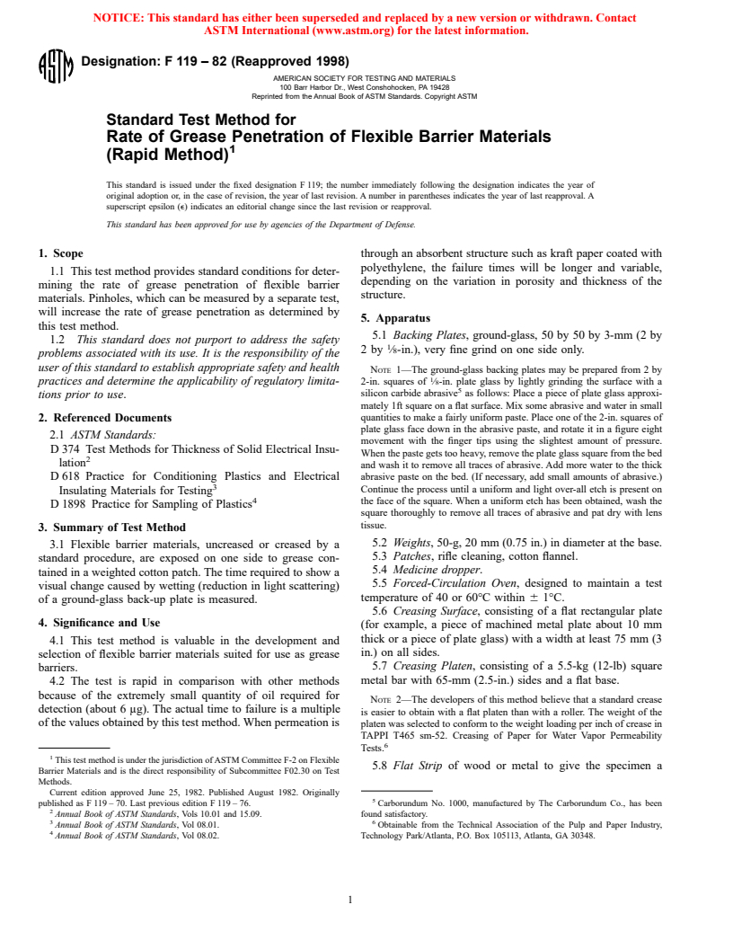 ASTM F119-82(1998) - Standard Test Method for Rate of Grease Penetration of Flexible Barrier Materials (Rapid Method)