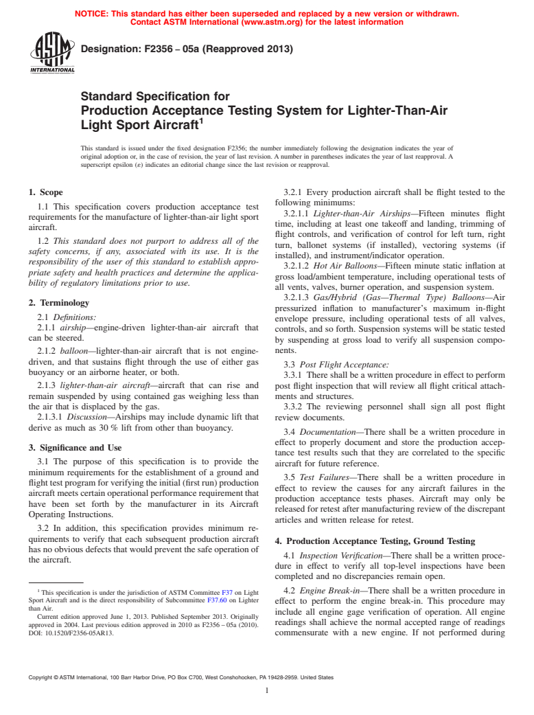 ASTM F2356-05a(2013) - Standard Specification for  Production Acceptance Testing System for Lighter-Than-Air Light  Sport Aircraft