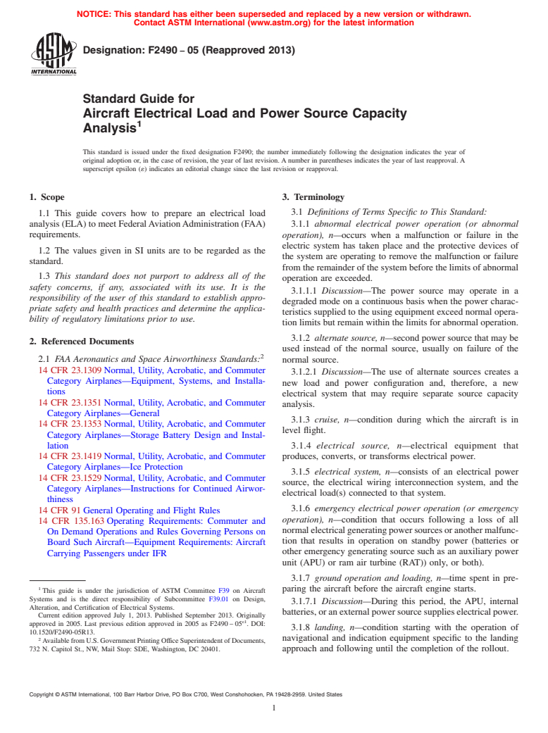 ASTM F2490-05(2013) - Standard Guide for  Aircraft Electrical Load and Power Source Capacity Analysis